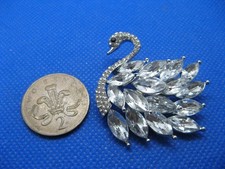 Lovely Clear Rhinestone Silver Tone Swan Brooch. New.