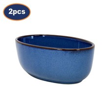Baking Oven Dish Set of 2 Stoneware Roast Tray Oval Reactive Glaze Blue 650ml