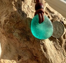 Mens Unisex Sea Glass Pendant Necklace Quality Leather Antique Look Surfing Box