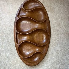 Vintage Teak Wood Serving Tray Thailand MCM Oval shape Dips Snack Nibbles 46cm #
