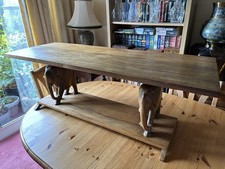 Vintage, Wooden Coffee Table, Supported By Two Hand Carved Wooden Elephants.