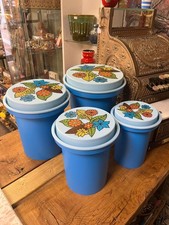 Rubbermaid Nesting Canister Set of 4 Blue Floral Plastic 1970s Vintage Retro 