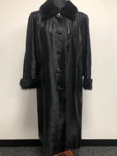 Real Cowhide + Calf Leather Black Vintage Trench Coat, Faux Fur Collar/Cuffs 12?