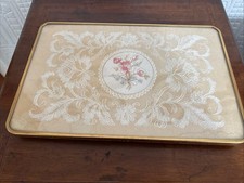 A VINTAGE PETIT POINT GLASS AND BRASS DRESSING TABLE TRAY