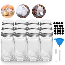 12 x GLASS SPICE JARS WITH SHAKER LIDS STORAGE BOTTLES CONTAINERS POTS AIRTIGHT