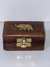 Small Hand Made Wooden Trinket Box With A Brass Elephant On Lid 5 X 9 X 4 Cms