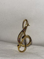 Beautiful Vintage Gold Rhinestone Treble Clef Brooch Music Note Musical 