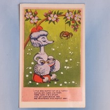 Nursery Rhyme Postcard C1960 Little Miss Muffet Poodle Dog Big Spider Web Flower