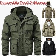 2 in 1 Mens Jacket Coat Windbreaker Military Army Jacket Multi Pocket Vest Hking