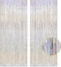 2x Silver Tinsel Foil Fringe Curtains 3.2x8.2ft Christmas Party Backdrop Decor