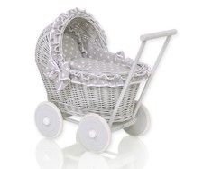 Wicker Dolls Pram Grey Base Grey Polka Frill Bedding