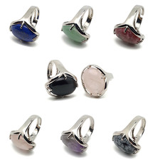 Oval Gemstone Ring Cocktail Chakra Natural Crystal Boho Adjustable Silver Plated