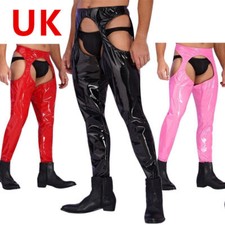 UK Mens Pants PVC Faux Leather Wet Look Latex Metallic Hollow-Out Tight Trouser