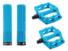 DMR MTB Downhill BMX V6 Platform Pedals And DMR Deathgrips Custom Bundle - Blue