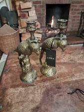 A Pair Of Heavy Antique Brass Style Parrot Birds On A Branch Candlestick Holders