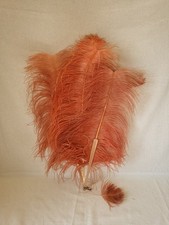 ANTIQUE LARGE PINK/PEACH BURLESQUE OSTRICH FEATHER LEAF FOLDING HAND FAN