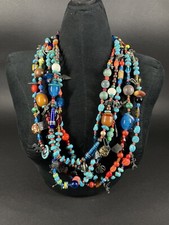Very Large 5 Strand American Indian Glass Beads & Sterling Charms Necklace