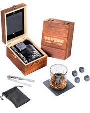 Vovzons Whiskey Stones Set Whiskey Glass & Cubes Tongs In Wooden Box Gift Set