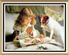CHARLES BURTON BARBER Print SUSPENSE Victorian Girl Praying Cat Kitten JRT Dog