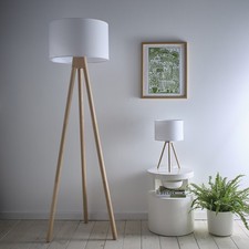 Oak Wood Tall Tripod Floor lamp with a Large Drum shade and Matching Table Lamp