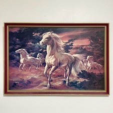 Vintage White Stallion In Moonlight Horse Print Signed Lumen Winter Framed Rare