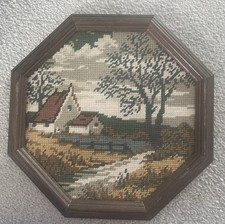 Vintage Framed country cottage Needlepoint Tapestry Ocatagonal Frame Countrycore