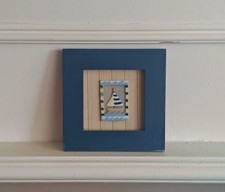 Nautical Wooden Wall Art – Sailboat Design – Blue Frame – 15cm x 15cm – Used