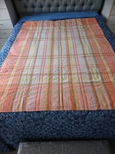 VINTAGE 60'S 70'S ORANGE YELLOW WHITE COTTON SEERSUCKER OBLONG CHECK TABLECLOTH