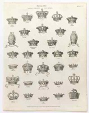 HERALDRY, Crowns, Coronets, Mitres - Original 1819 Antique Print B/W Engraving