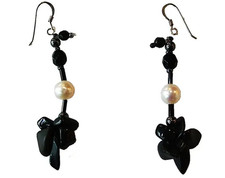 925 hooks black & white real pearl hematite onyx gem beads floral femme earrings