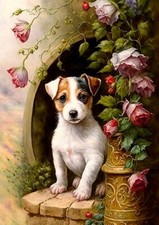 JACK RUSSELL TERRIER CHARMING PUPPY DOG  AND FLOWERS GREETINGS NOTE CARD