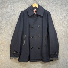 Burberry Brit Pea Coat Mens Medium Navy Blue Nova Check Double Breasted Designer