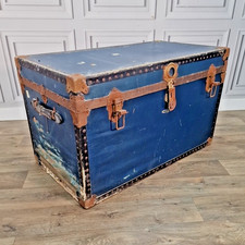 Antique Vintage Travel Trunk – Blue Steamer Chest Storage - For Restoration