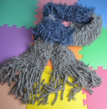 Hand Knitted Scarf Fringed Rowan Big Wool Tuft Merino Wool Blue Grey 260cm 15cm