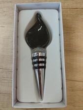 Glass Wine Bottle Stopper Black Glass Flame and Silver Metal End New Boxed