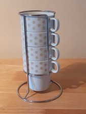 Stacking Mugs Set Of 4 Polka Dot + Chrome Stand Holder Tea Coffee Cups