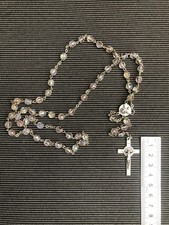 Vintage Clear Glass Crystal Iridescent Bead 20” Silver Metal Rosary Old Italy