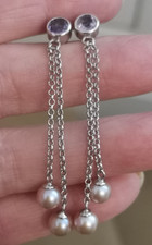 925 Sterling Silver Real Pearl & Amethyst Drop Dangle Chain Earrings