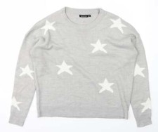 Brave Soul Womens Grey Round Neck Acrylic Blend Jumper Size 12 - Stars