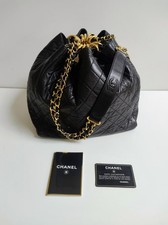 Chanel Coco Mark Drawstring Bucket Bag Black Leather 24k Gold Plated Hardware