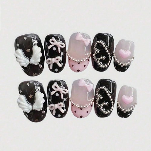 10pcs pink bow press nails - press, on
