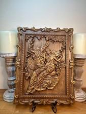 Radha Krishna Solid Oak Relief Sculpture, Handmade Indian Decor, Spiritual Love