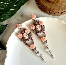 Victorian Peach Cameo Floral Earrings Extra Long Baroque Palace Royalty Gift NEW
