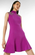 Karen Millen Crystal Embellished Skater Woven Dress 14 UK in Magenta
