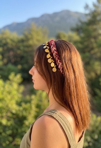 Red braided headband with gold - red,