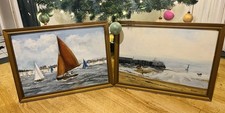 VINTAGE  PAIR FRAMED OIL PAINTINGS COASTAL BOATS SEA KENT? Signed 1970s