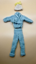 Hand-Knitted Blue Coat & Trousers Outfit for Sindy or Barbie Doll + Hat