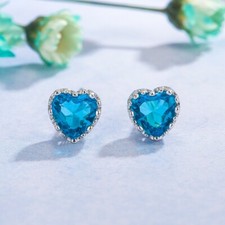 925 Sterling Silver Blue Gem Stone CZ Love Heart Stud Earrings Women Girl Gift