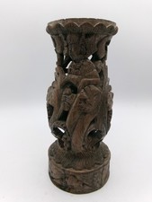 Antique Hand Carved Wooden Vase Oriental Floral & Figure Design 19cm Tall