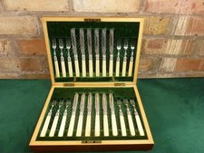 Lovely Antique 24 piece 12 setting Cake Pastry knife fork set wooden case C.1899